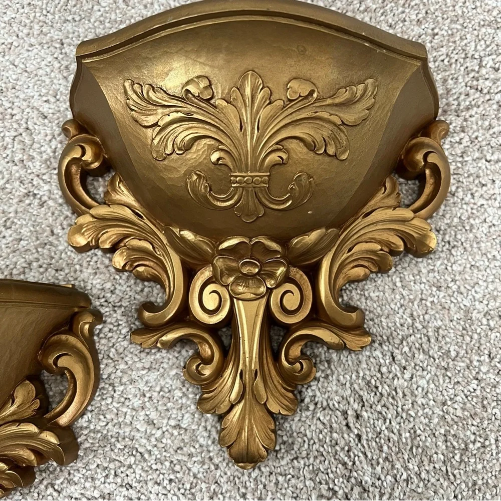 Vintage 1978 Homco Gold Plastic Wall Pocket Sconces/Planters Hollywood Regency - Picture 3 of 5